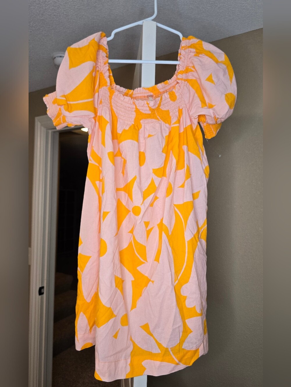 Free People Pink and Yellow Floral Puff Sleeve Mini Dress